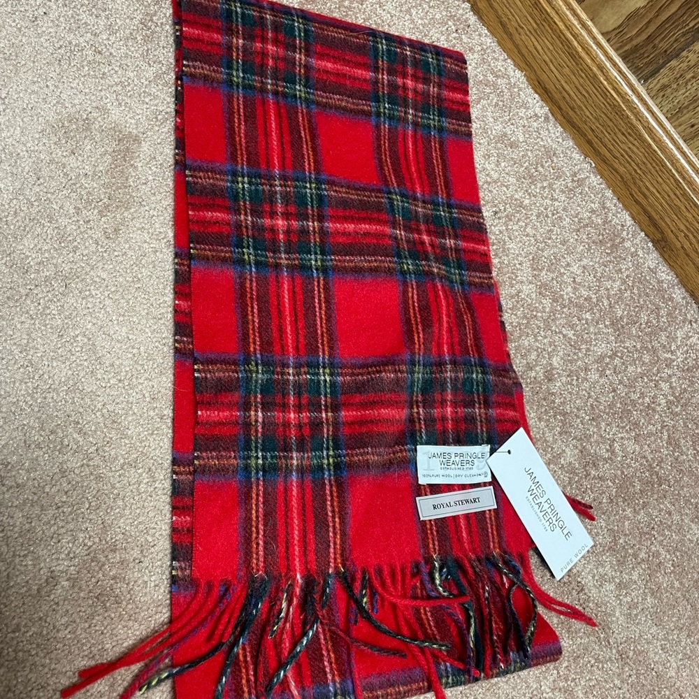 James Pringle Weavers Red Plaid 100% Wool Scarf unisex NEW w/ tag Royal Stewart‎